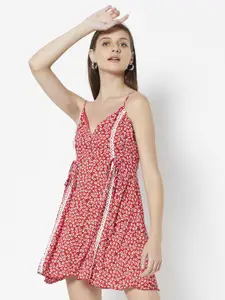 URBANIC Red & White Floral Print Lace Taping A-Line Mini Dress