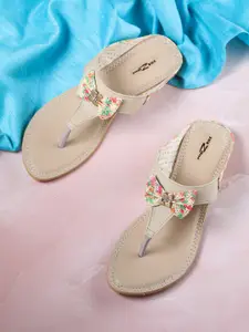 Shezone Women Cream-Coloured Printed T-Strap Flats