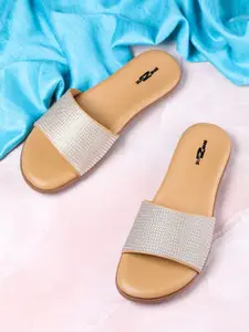 Shezone Women Beige Embellished Open Toe Flats