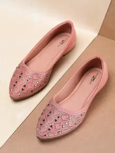 Shezone Women Peach-Coloured Embellished Ballerinas Flats