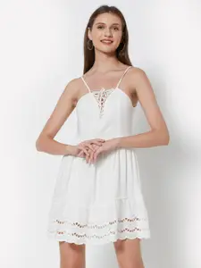 URBANIC White Lace-Up Solid A-Line Dress with Scalloped Hem