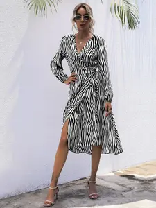 URBANIC White & Black Zebra Print Midi Wrap Dress