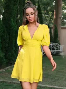 URBANIC Women Yellow A-Line Dobby Weave Detail Smocked Dress