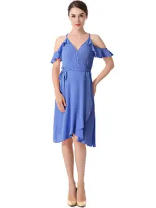 URBANIC Blue Solid Cold-Shoulder Wrap Dress
