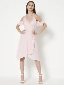 URBANIC Pink Solid Cold-Shoulder Wrap Dress with Belt