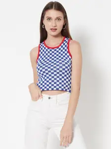 URBANIC Blue & White Checked Cropped Fitted Top