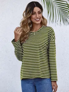 URBANIC Women Olive Green & White Striped Relaxed Fit Drop-Shoulder Sleeves T-shirt