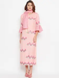 Bitterlime Peach-Coloured Ethnic Motifs Sheath Midi Dress