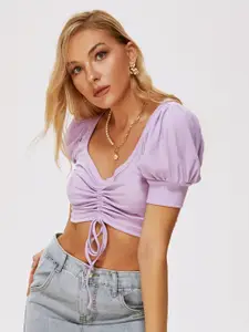 URBANIC Lavender Cotton Solid Ruched Crop Fitted Top
