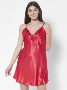 URBANIC Women Red Solid Contrast Lace Nightdress