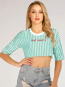 URBANIC Women Green & White Striped Applique Detail Crop T-shirt