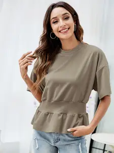URBANIC Taupe Solid Cinched Waist Top