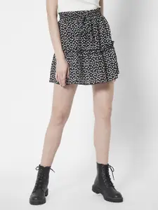 URBANIC Black & White Printed Ruffle Detail Flared Mini Skirt