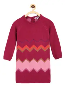 Nauti Nati Girls Maroon & Pink Chevron Patterned Cotton Sweater Dress