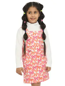 Nauti Nati Girls Pink & White Cotton Floral Print Pinafore Dress