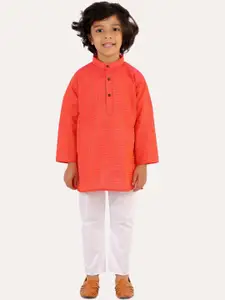 Superminis Boys Red Striped Regular Thread Work Pure Cotton Kurta with Pyjamas