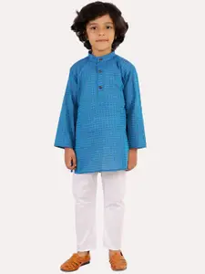 Superminis Boys Blue Striped Regular Thread Work Pure Cotton Kurta with Pyjamas