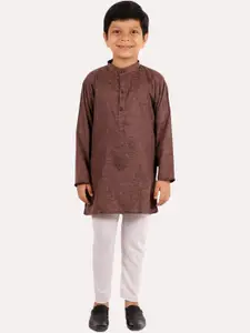 Superminis Boys Coffee Brown Embroidered Pure Cotton Kurta with Pyjamas