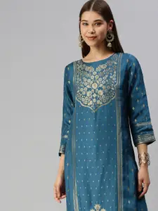 Global Desi Women Blue & Gold-Toned Ethnic Motifs Kurta