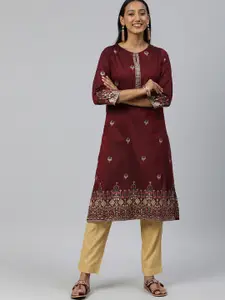 Global Desi Women Maroon Ethnic Motifs Printed Keyhole Neck Straight Kurta