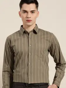 Hancock Men Olive Green Slim Fit Striped Formal Shirt
