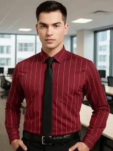 Hancock Men Maroon Slim Fit Striped Formal Shirt