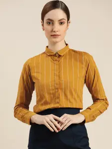 Hancock Women Mustard Slim Fit Opaque Striped Pure Cotton Formal Shirt
