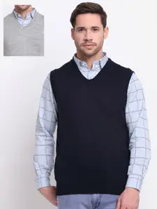 Cantabil Men Navy Blue & Grey Woolen Reversible Sweater