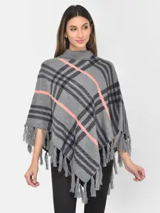Latin Quarters Women Grey & Pink Checked Poncho with Applique Detail