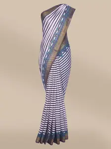 The Chennai Silks White & Blue Striped Linen Blend Saree
