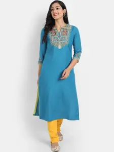 SUTI Women Blue Yoke Design Flared Sleeves Thread Work Kurta