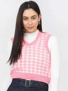 Tokyo Talkies Women Pink & White Checked Acrylic Crop Sweater Vest