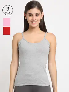 Friskers Women Pack of 3 Red Grey Pink Cotton Rib Camisole