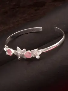 Voylla Silver-Toned & Pink Stone Studded Brass Antique Silver-Plated Cuff Bracelet