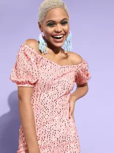 Miss Chase Pink Sequin Bardot Style Bodycon Dress
