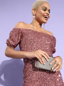 Miss Chase Mauve Sequin Bardot Style Bodycon Dress