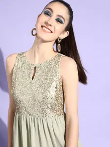 Miss Chase Beige Sequin Keyhole Neck Empire Style Gown