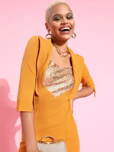 Miss Chase Mustard Yellow Georgette Sequined Midi Dress