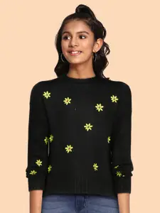 Tommy Hilfiger Girls Black & Yellow BG DG TJW FLOWER Floral Embroidered Pullover