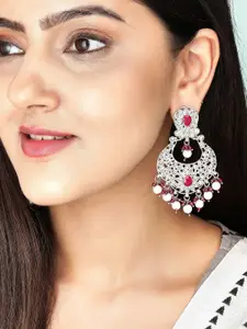 Rubans Silver-Toned & Red Crescent Chandbalis Earrings