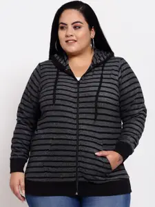 plusS Women Plus Size Black Striped Hooded Sweatshirt
