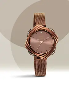 Titan Women Brown Brass Embellished Dial & Brown Stainless Steel Bracelet Style Straps Analogue Watch