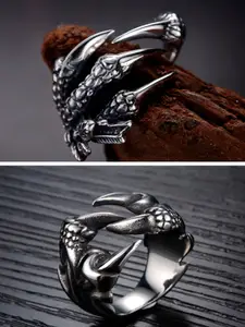 OOMPH Men Set of 2 Oxidised Silver-Tone Vintage Gothic Dragon Claw Biker Fashion Ring