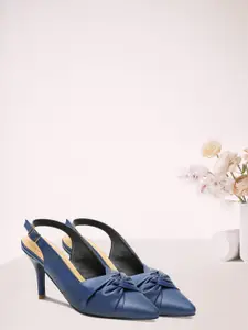 Flat n Heels Navy Blue PU Pumps with Bow Detail