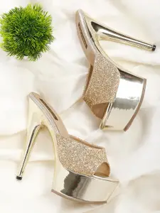Flat n Heels Gold-Toned Embellished Stiletto Peep Toes