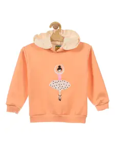 Lil Lollipop Girls Orange Printed Fleece Hooded Sweatshirt