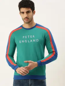 Peter England Men Teal Green Printed Side Striped Sweatshirt