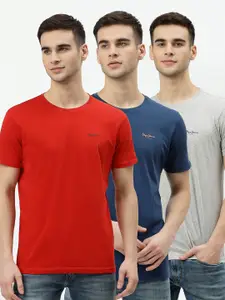 Pepe Jeans Men Pack Of 3 Blue & Red Brand Logo Pure Cotton T-shirts