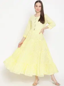 Be Indi Cotton Printed Round Neck Gotta Patti Detailing Maxi Dress