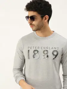 Peter England Men Grey Melange Printed Embossed Detail Sweatshirt